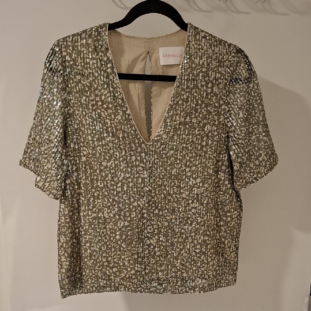 Gabrielle Women's Sage/Pistachio Green Leopard Print Sequin V-Neck Top (Size S)